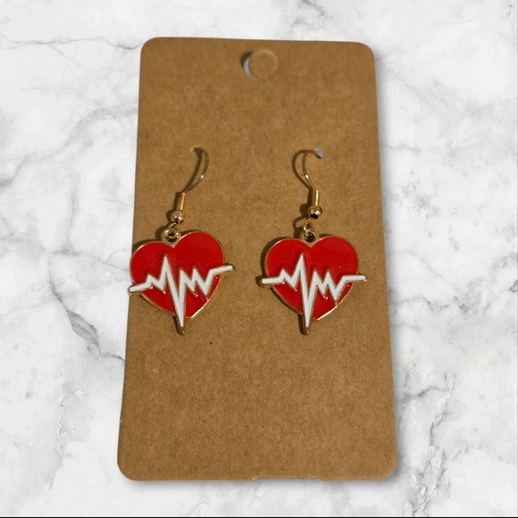 Jewelry - Red Enamel Heartbeat Dangle Gold Earrings